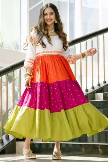 Off White Multicoloured Tiered Dress with Polka Prints & Gota Details