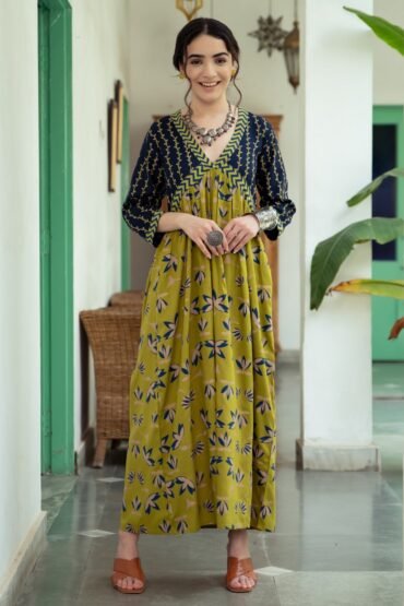 Olive & Blue V Neck Alia Cut Lotus Dress