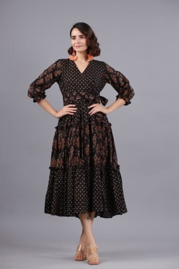 Black Sanganeri Printed Tiered Dress