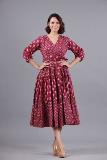 Cherry Sanganeri Printed Tiered Dress
