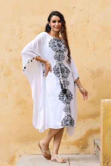 White Cotton Crape Kaftan Dress with Inner