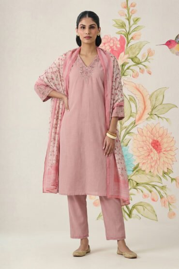 Afsana Pink Cotton Bend Embroidered A-line Suit Set with Dupatta