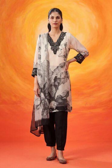 Elaf Black Printed Organza Suit Set with Dupatta