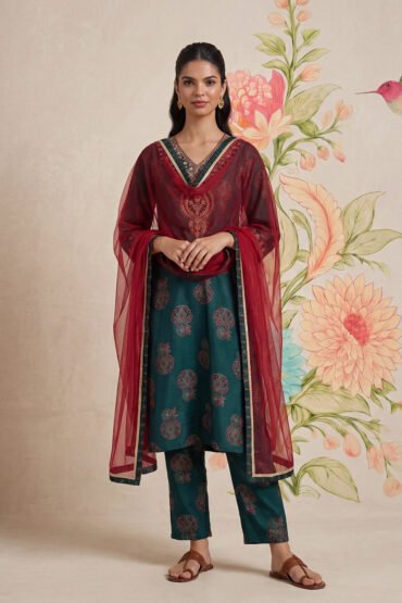 Teal Printed Cotton Blend Suit Set with Dupatta