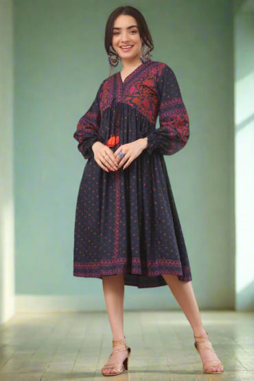 Blue Printed V Neck Dress