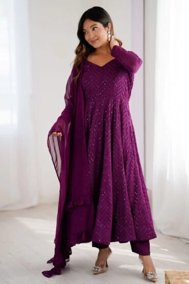 Regal Wine Georgette Lakhnavi Embroidered Festival Wear Anarkali Suit