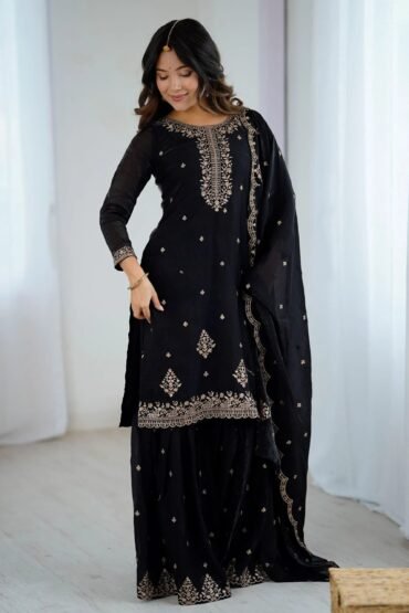 Pretty Black Silk Zari Embroidered Wedding Wear Sharara Suit