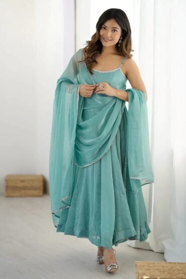 Chic Sky Blue Silk Swarovski Work Traditional Anarkali Suit