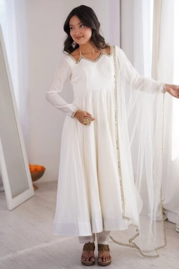Stunning White Lace Work Roman Silk Festive Wear Anarkali Suit Pant