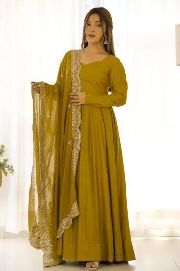 Ravishing Mustard Yellow Silk Anarkali Pant Suit With Sequins Dupatta