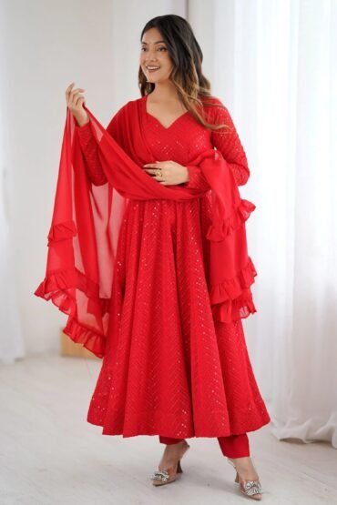 Marvelous Red Georgette Lucknowi Work Festival Wear Anarkali Suit