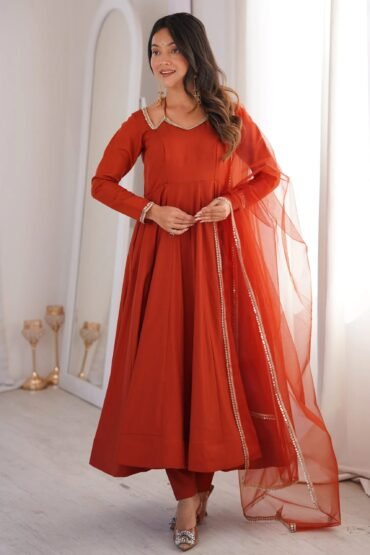 Alluring Rust Orange Lace Work Roman Silk Festive Wear Anarkali Pant Suit