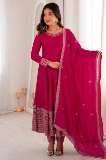 Pretty Pink Dori Embroidered Silk Engagement Wear Anarkali Pant Suit