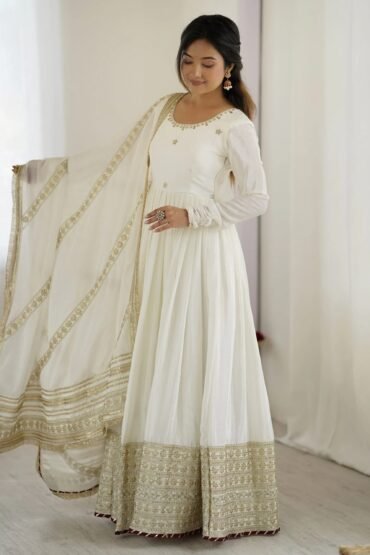 Adorable White Sequins Embroidered Silk Party Wear Anarkali Suit