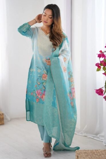 Enchanting Sky Blue Digital Printed Chanderi Pant Suit With Dupatta