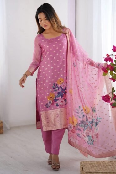 Pretty Baby Pink Chanderi Digital Printed Straight Suit With Dupatta
