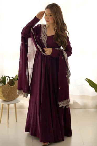 Superior Wine Silk Anarkali Pant Suit With Embroidered Dupatta