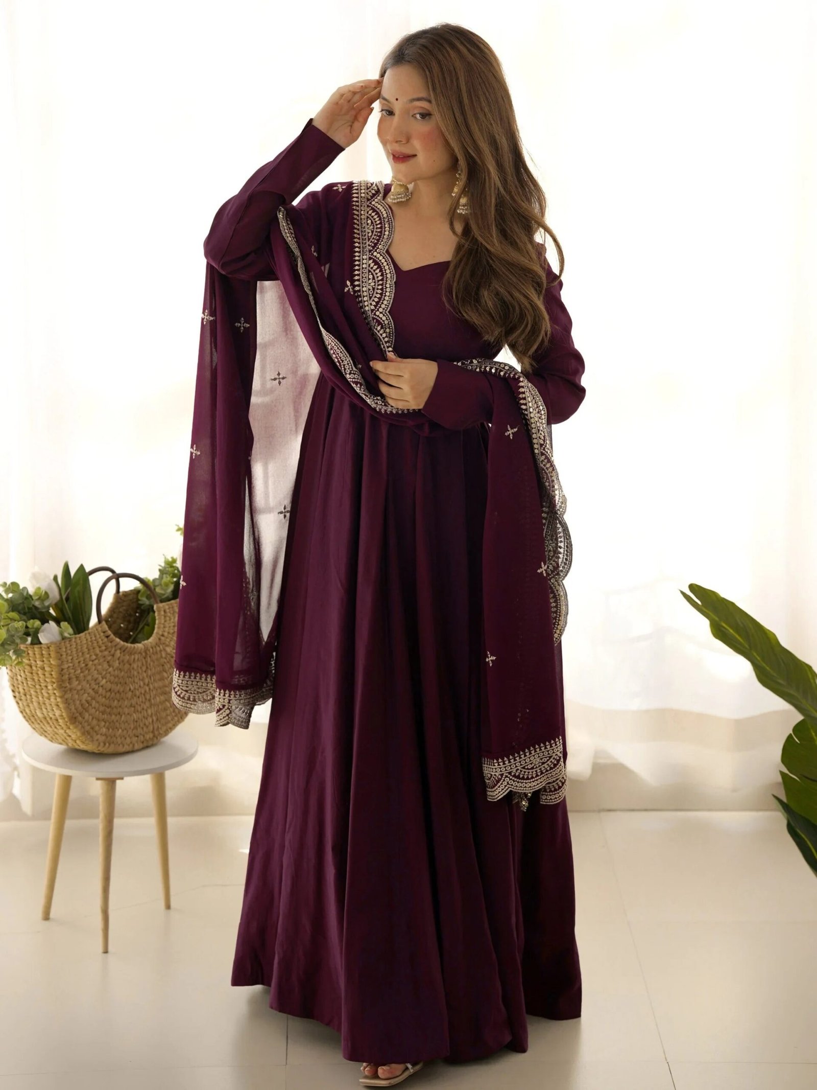 Superior Wine Silk Anarkali Pant Suit With Embroidered Dupatta