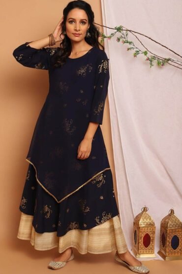 Navy Blue Poly Crepe Floral Print Flared Kurta
