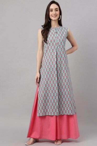 Aqua Blue Cotton Block Print Straight Kurta