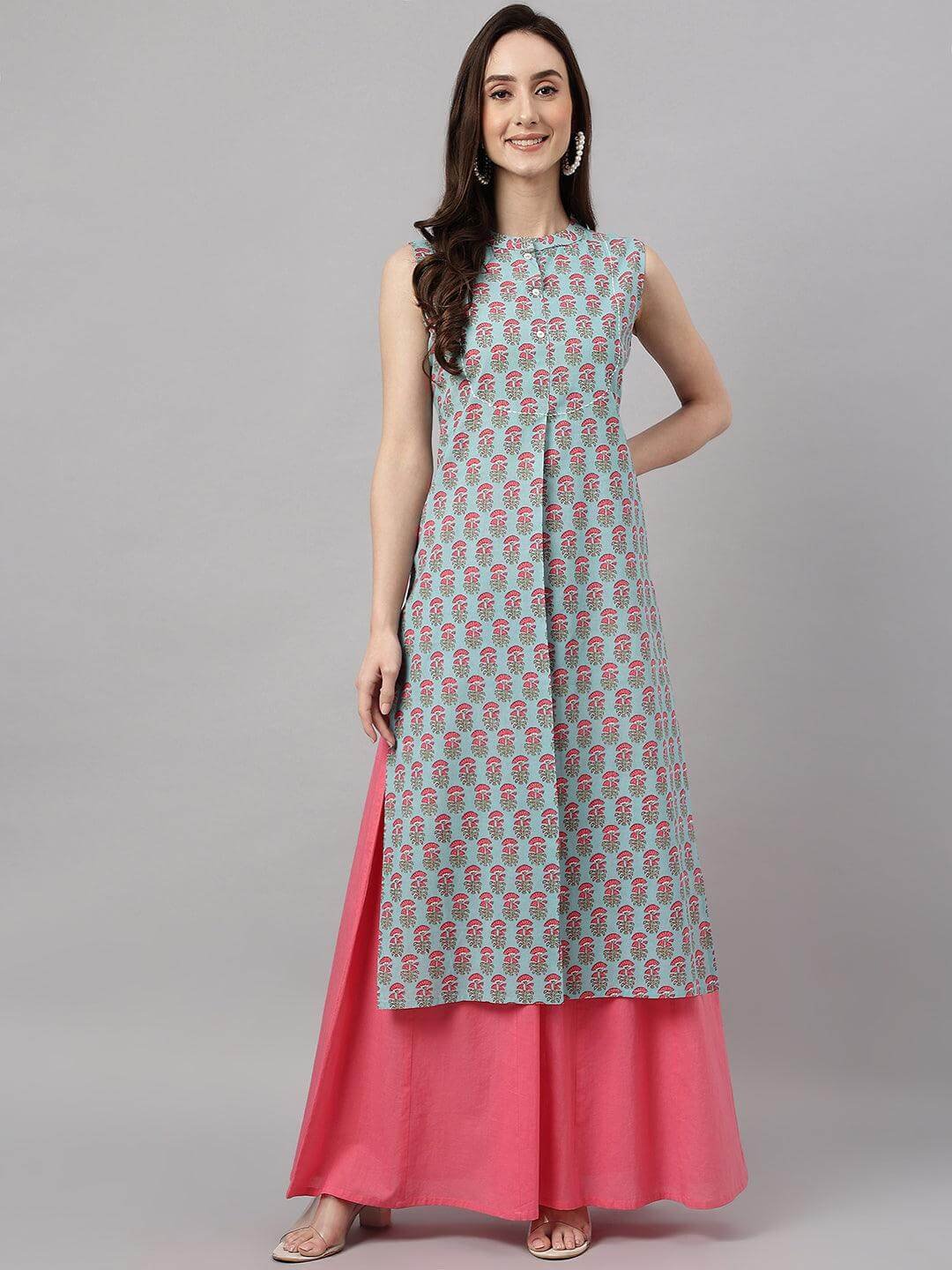 Aqua Blue Cotton Block Print Straight Kurta