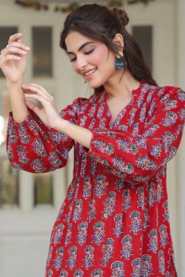 Women's Maroon Cotton Floral Print Flared Kurta