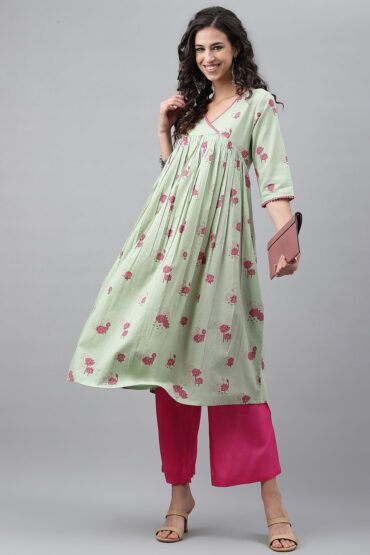 Light Green Cotton Floral Printed Flared Kurta