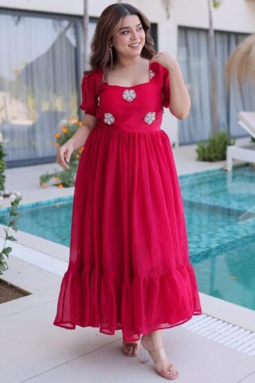 Adorable Pink Beads Work Silk Casual Wear Dress