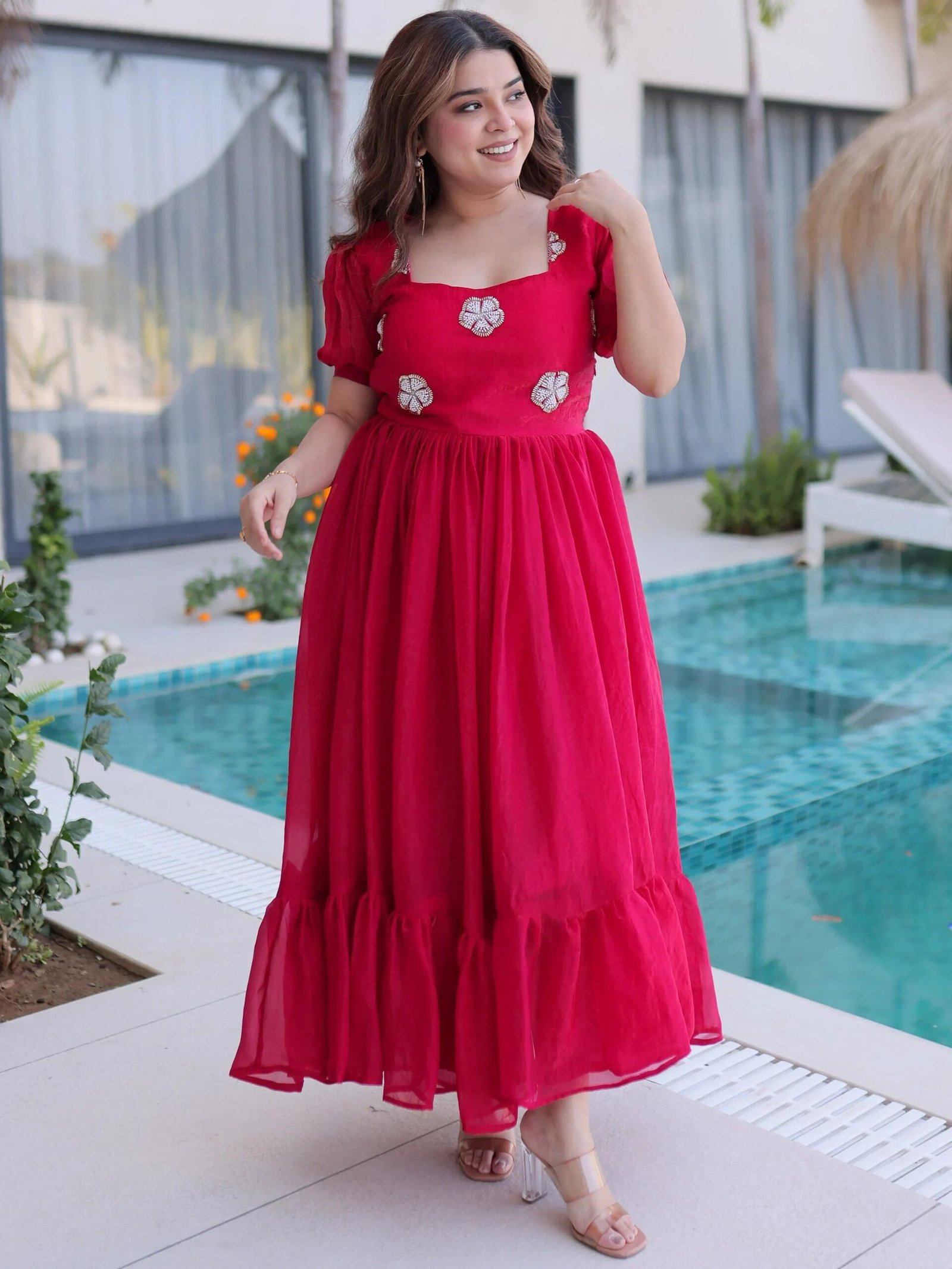 Adorable Pink Beads Work Silk Casual Wear Dress