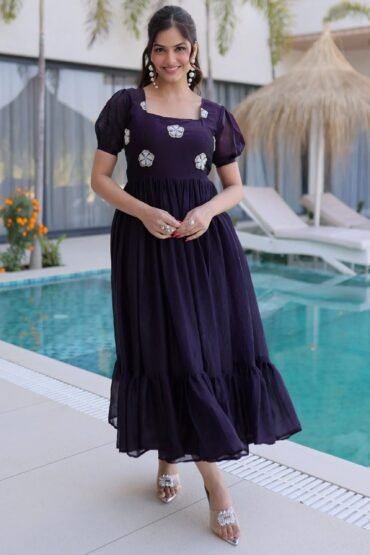 Wonderful Purple Beads Work Silk Casual Wear Dress