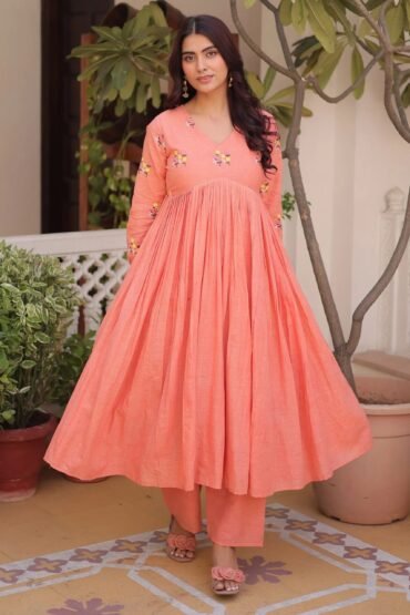 Charming Peach Floral Embroidery Cotton Festive Wear Pant Suit