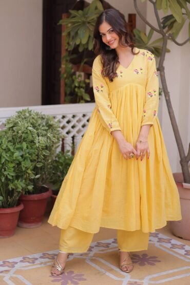 Radiant Yellow Thread Work Cotton Haldi Wear Pant Suit