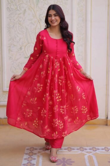Enchanting Pink Thread Embroidery Chanderi Function Wear Pant Suit