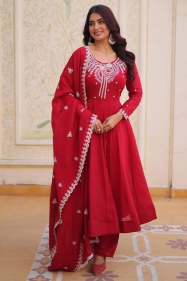 Lovable Red Bead Work Chanderi Engagement Wear Anarkali Pant Suit