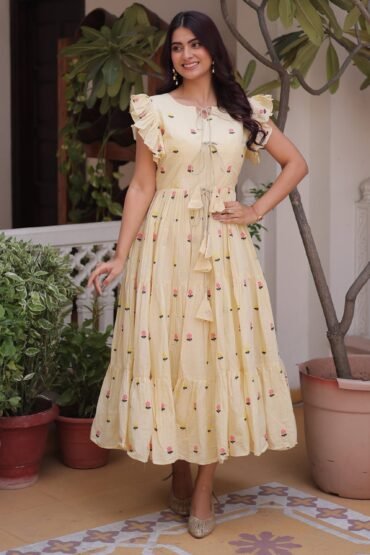 Incredible Cream Embroidered Cotton Daily Wear Dress