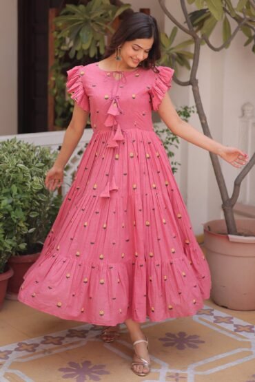 Pretty Pink Floral Embroidered Cotton Office Wear Dress