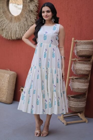 Fabulous Sky Blue Printed Cotton Daily Wear Dress