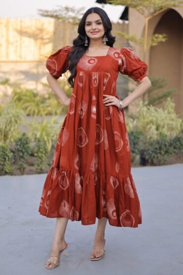 Glorious Rust Orange Printed Cotton Office Wear Dress