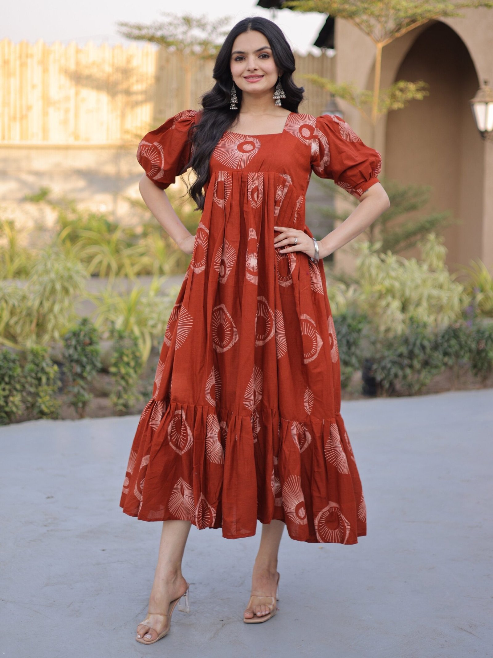 Glorious Rust Orange Printed Cotton Office Wear Dress