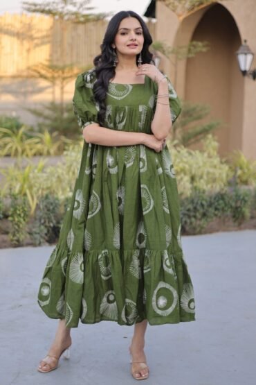 Exclusive Green Printed Cotton Casual Wear Dress