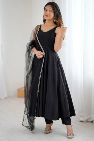 Beautiful Black Lace Work Chanderi Silk Festival Wear Anarkali Suit With Dupatta