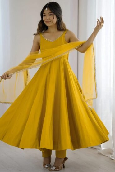 Awesome Yellow Lace Work Chanderi Silk Haldi Wear Anarkali Suit With Dupatta
