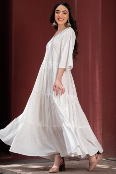 White Bandhani & Stone Printed Tiered Dress with Flared Sleeves