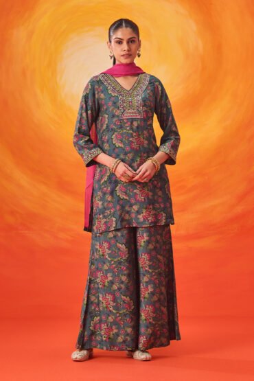 Saanjh Grey Floral Printed Suit Set with Dupatta