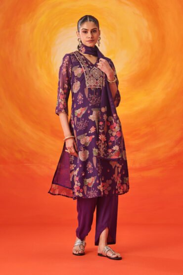 Kusum Purple Floral Printed Organza Suit Set with Dupatta
