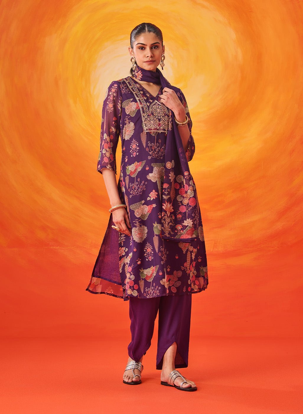 Kusum Purple Floral Printed Organza Suit Set with Dupatta