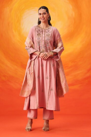 Vaara Ariza Rose Pink Embroidered A-line Suit Set with Dupatta