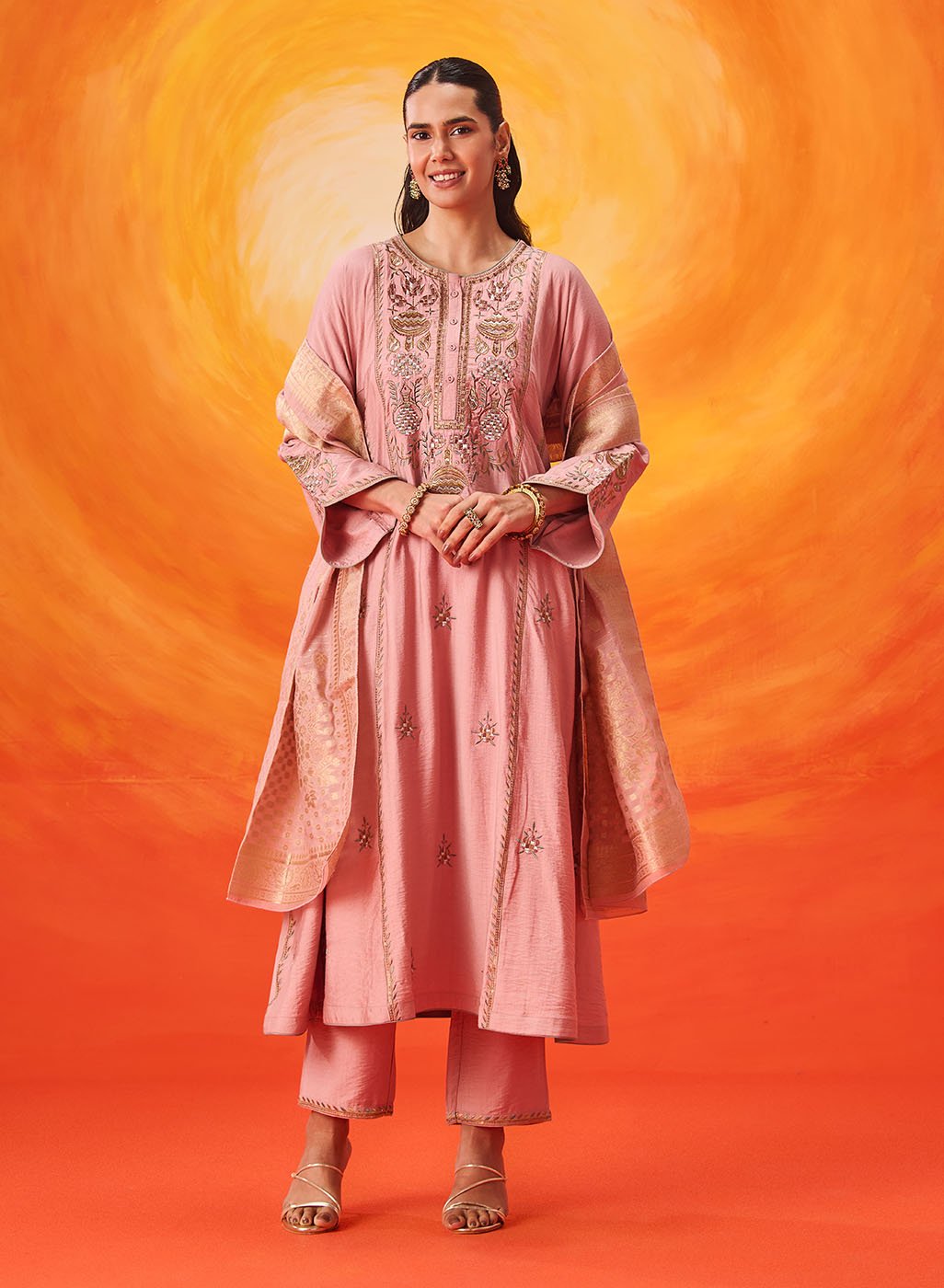 Vaara Ariza Rose Pink Embroidered A-line Suit Set with Dupatta
