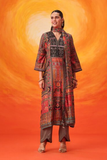 Aarzoo Grey Printed Chanderi Suit Set with Dupatta