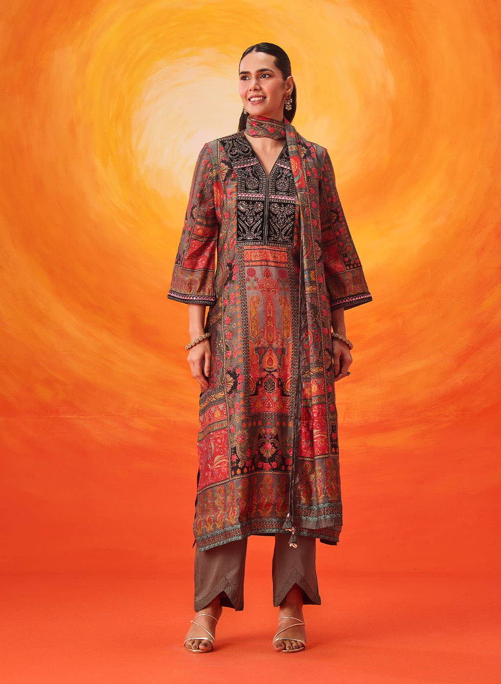 Aarzoo Grey Printed Chanderi Suit Set with Dupatta